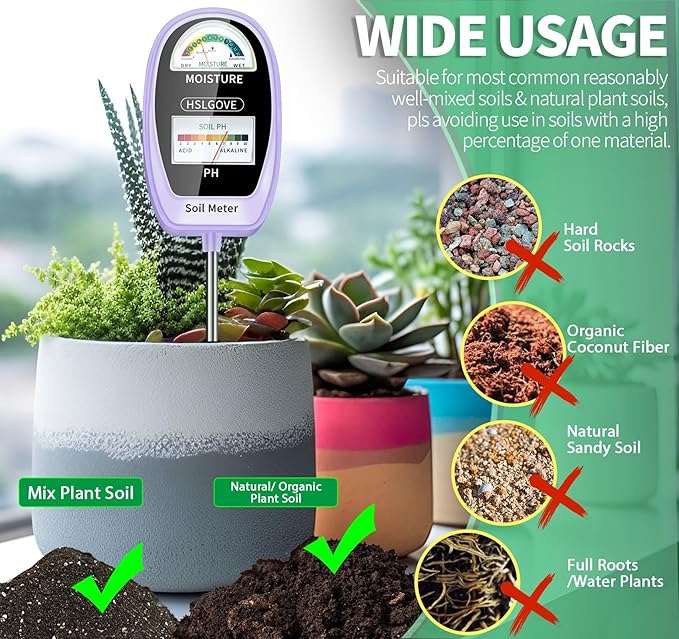 Make plant care easy with the 2-in-1 Soil Moisture &amp; pH Meter, designed to monitor critical moisture levels and pH balance for healthy, thriving plants. Battery-free with a dual dial display, it provides instant, accurate results. Ideal for indoor and outdoor use, it’s perfect for gardeners of all levels and makes a great gift.