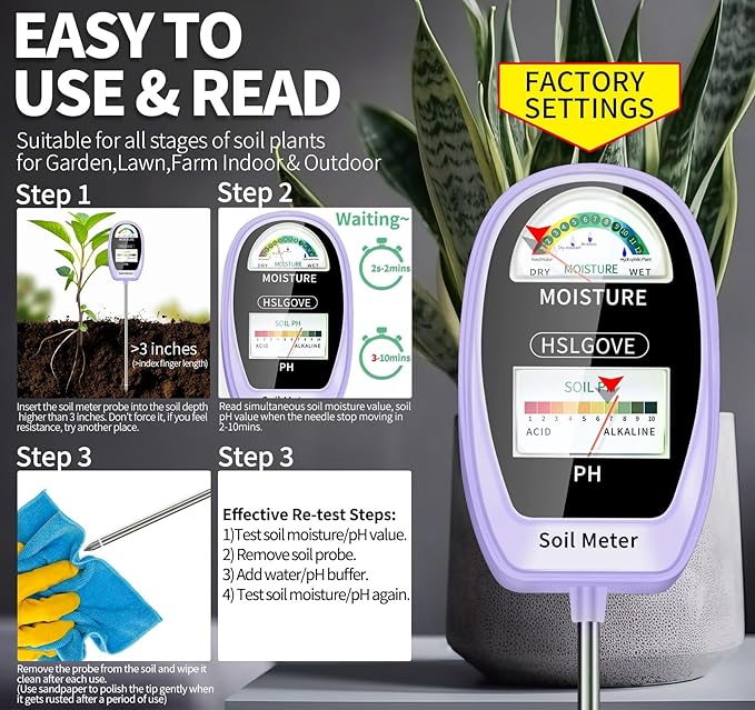 Make plant care easy with the 2-in-1 Soil Moisture &amp; pH Meter, designed to monitor critical moisture levels and pH balance for healthy, thriving plants. Battery-free with a dual dial display, it provides instant, accurate results. Ideal for indoor and outdoor use, it’s perfect for gardeners of all levels and makes a great gift.