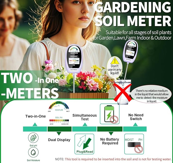 Make plant care easy with the 2-in-1 Soil Moisture &amp; pH Meter, designed to monitor critical moisture levels and pH balance for healthy, thriving plants. Battery-free with a dual dial display, it provides instant, accurate results. Ideal for indoor and outdoor use, it’s perfect for gardeners of all levels and makes a great gift.