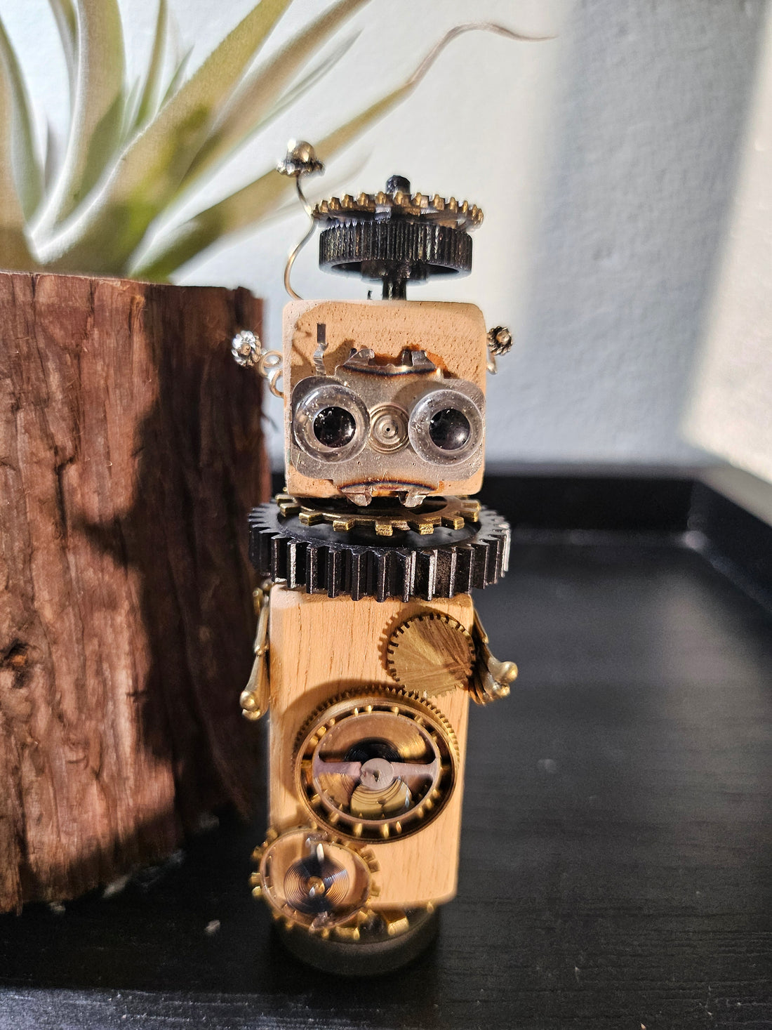 Handmade Wood Block Steampunk Robot Figurine - Small