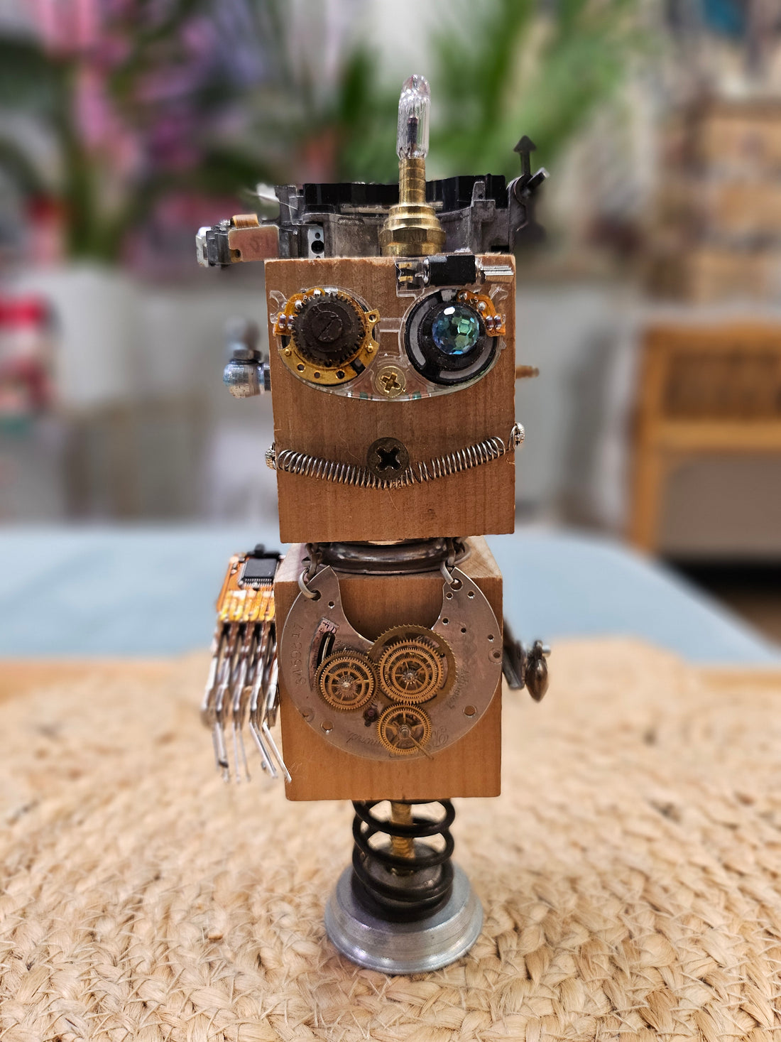 Handmade Wood Block Steampunk Robot Figurine - Extra Large