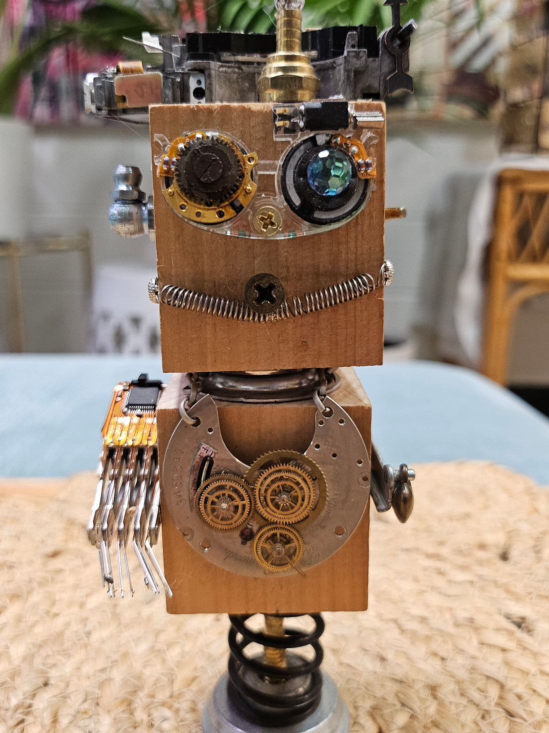 Handmade Wood Block Steampunk Robot Figurine - Extra Large