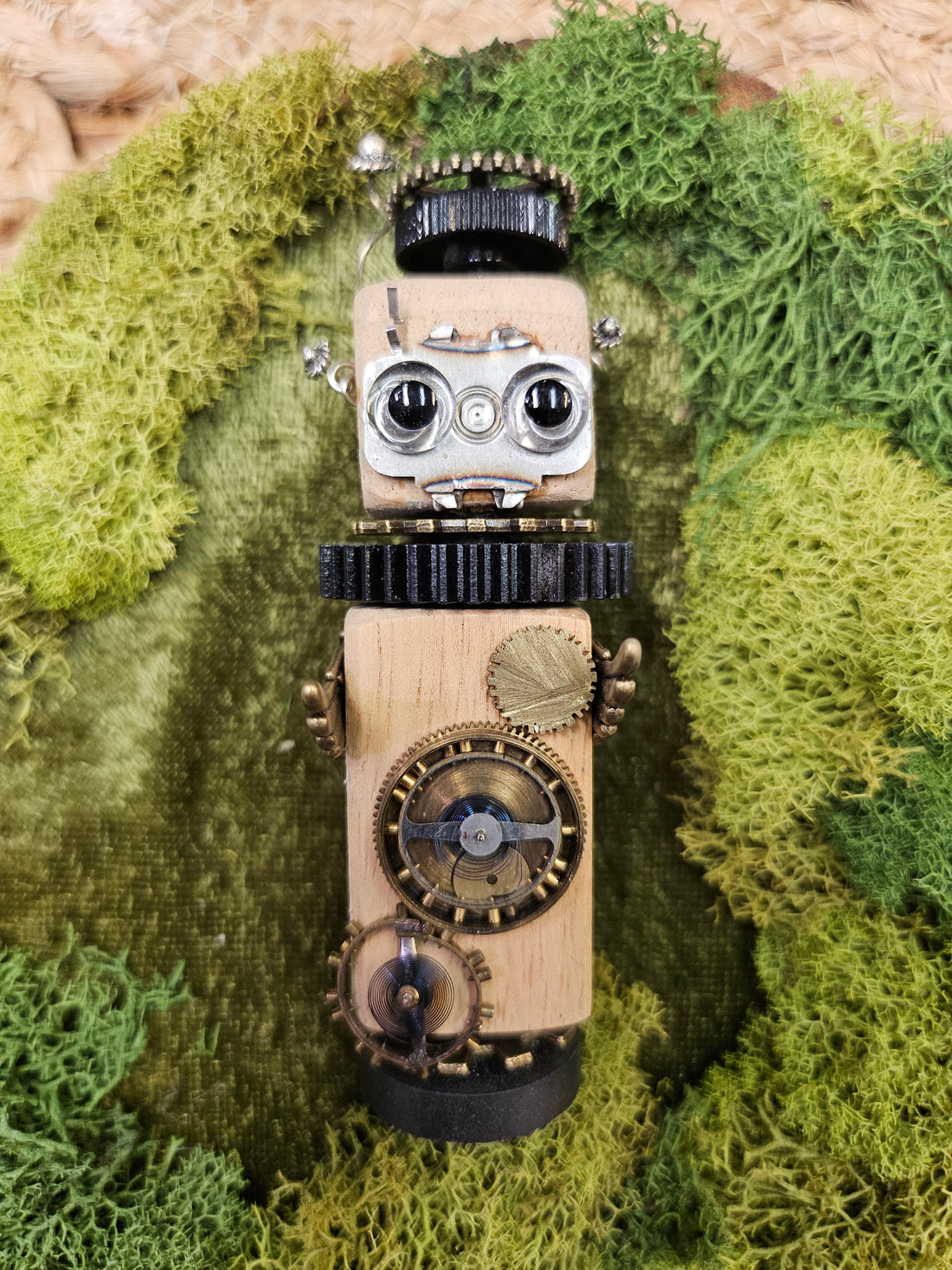 Handmade Wood Block Steampunk Robot Figurine - Small