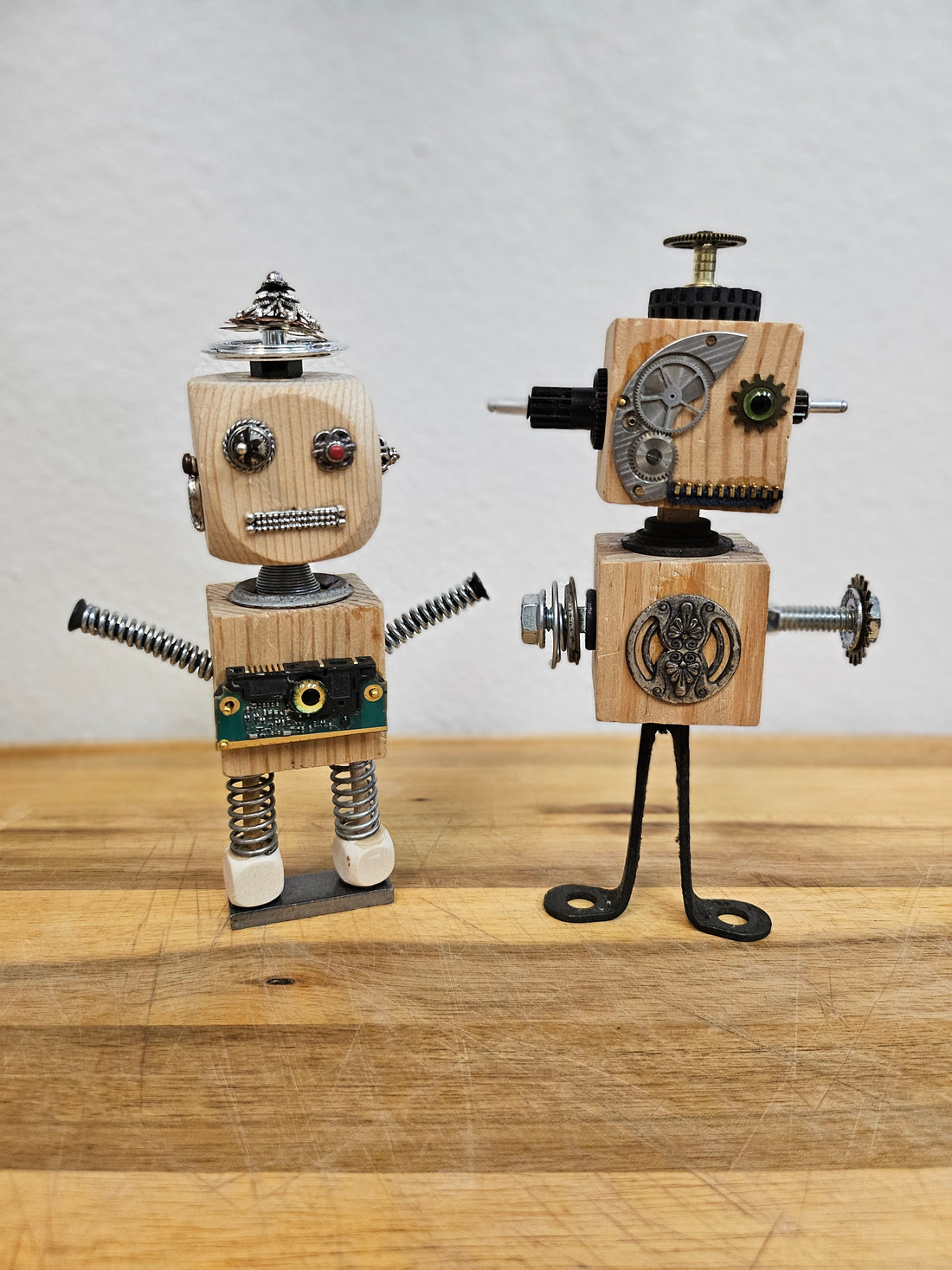 Handmade Wood Block Steampunk Robot Figurine - Large