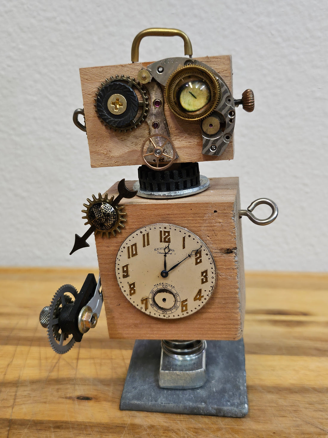 Handmade Wood Block Steampunk Robot Figurine - Large