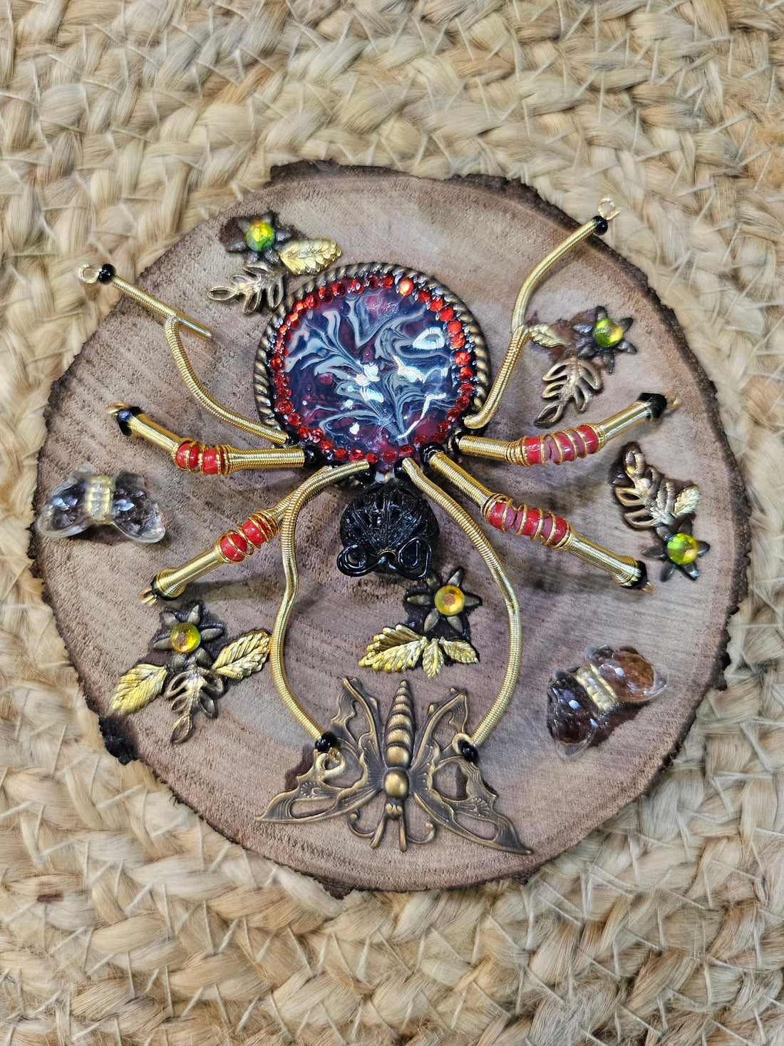 Jeweled Insect and Creature Art: Small Stone and Bead Sculptures on Black Walnut Wood Base