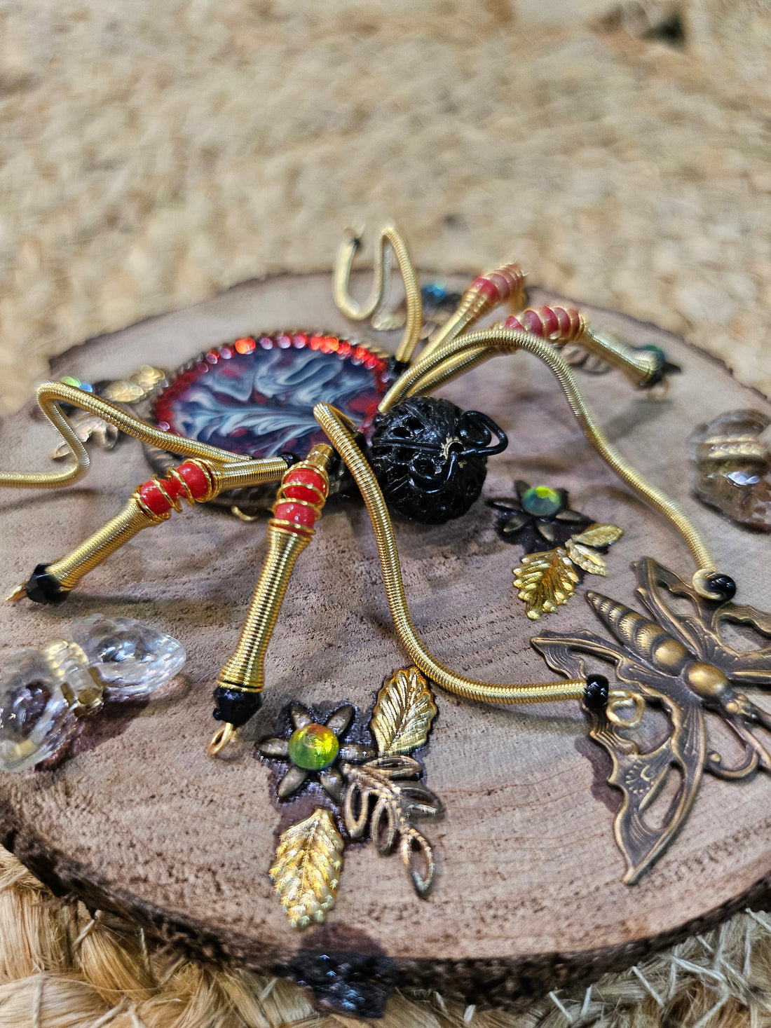 Jeweled Insect and Creature Art: Small Stone and Bead Sculptures on Black Walnut Wood Base