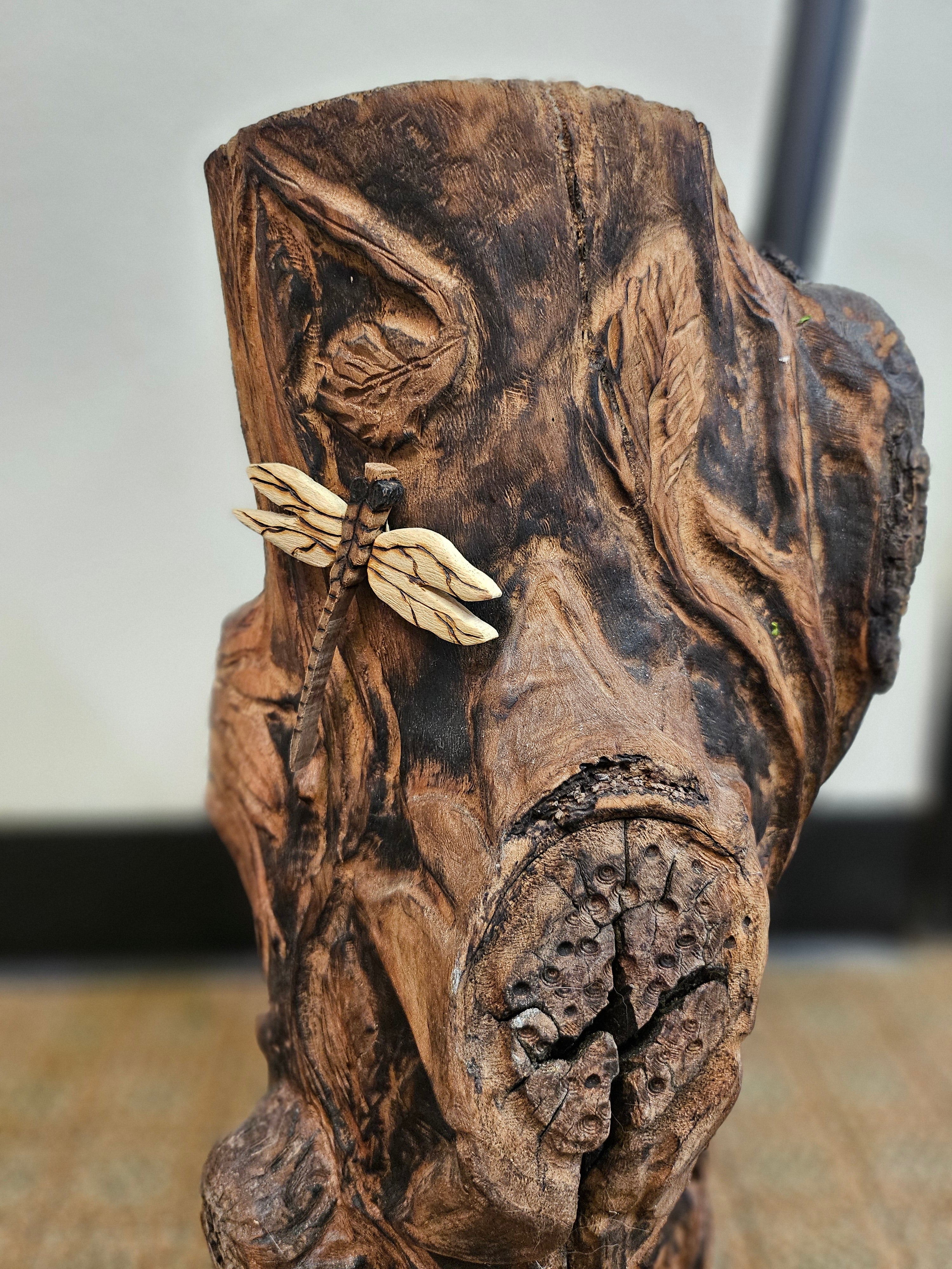 Wood Spirit: Hand-Carved Dragonfly Outdoor Planter and Solar Light Wood Spirit in Solid Walnut (30&quot; x 10&quot;)