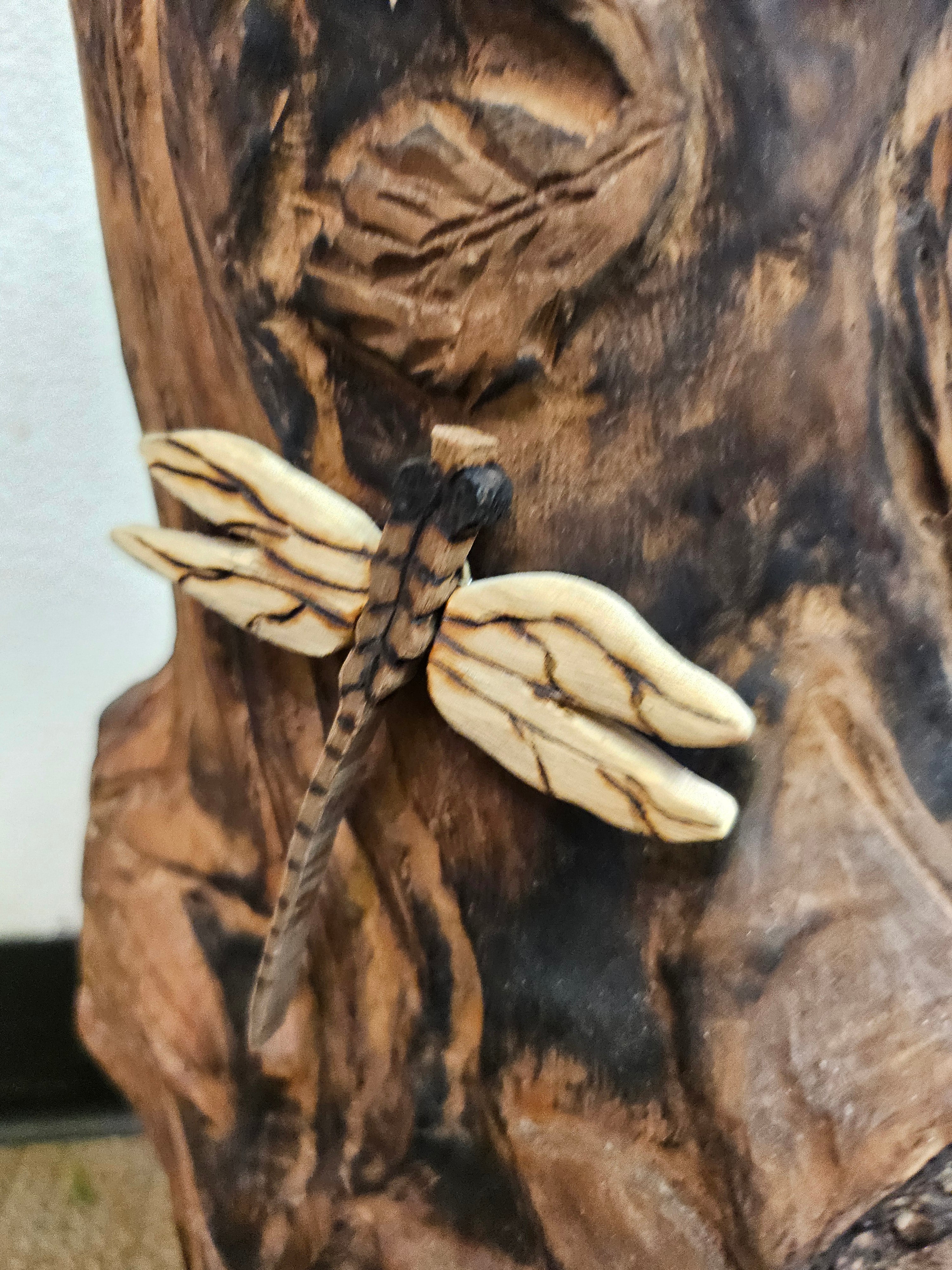 Wood Spirit: Hand-Carved Dragonfly Outdoor Planter and Solar Light Wood Spirit in Solid Walnut (30&quot; x 10&quot;)