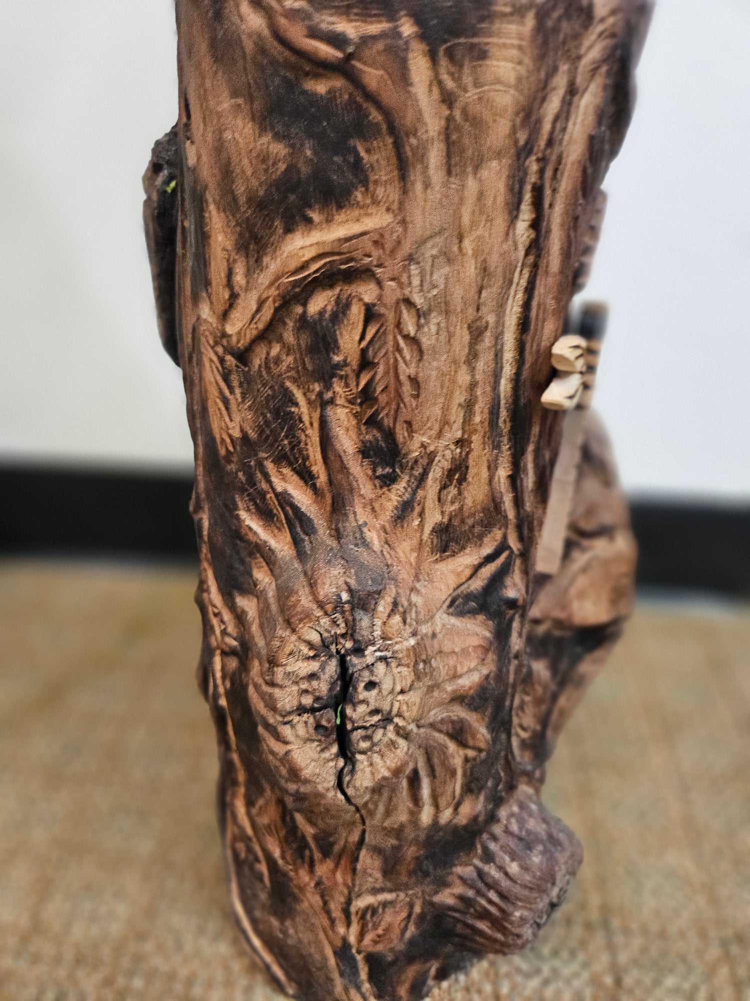 Wood Spirit: Hand-Carved Dragonfly Outdoor Planter and Solar Light Wood Spirit in Solid Walnut (30&quot; x 10&quot;)