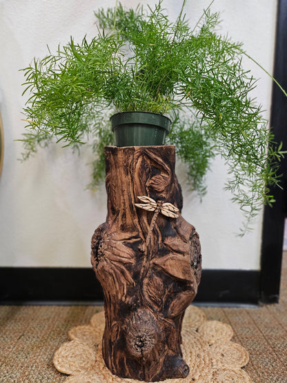 Wood Spirit: Hand-Carved Dragonfly Outdoor Planter and Solar Light Wood Spirit in Solid Walnut (30&quot; x 10&quot;)