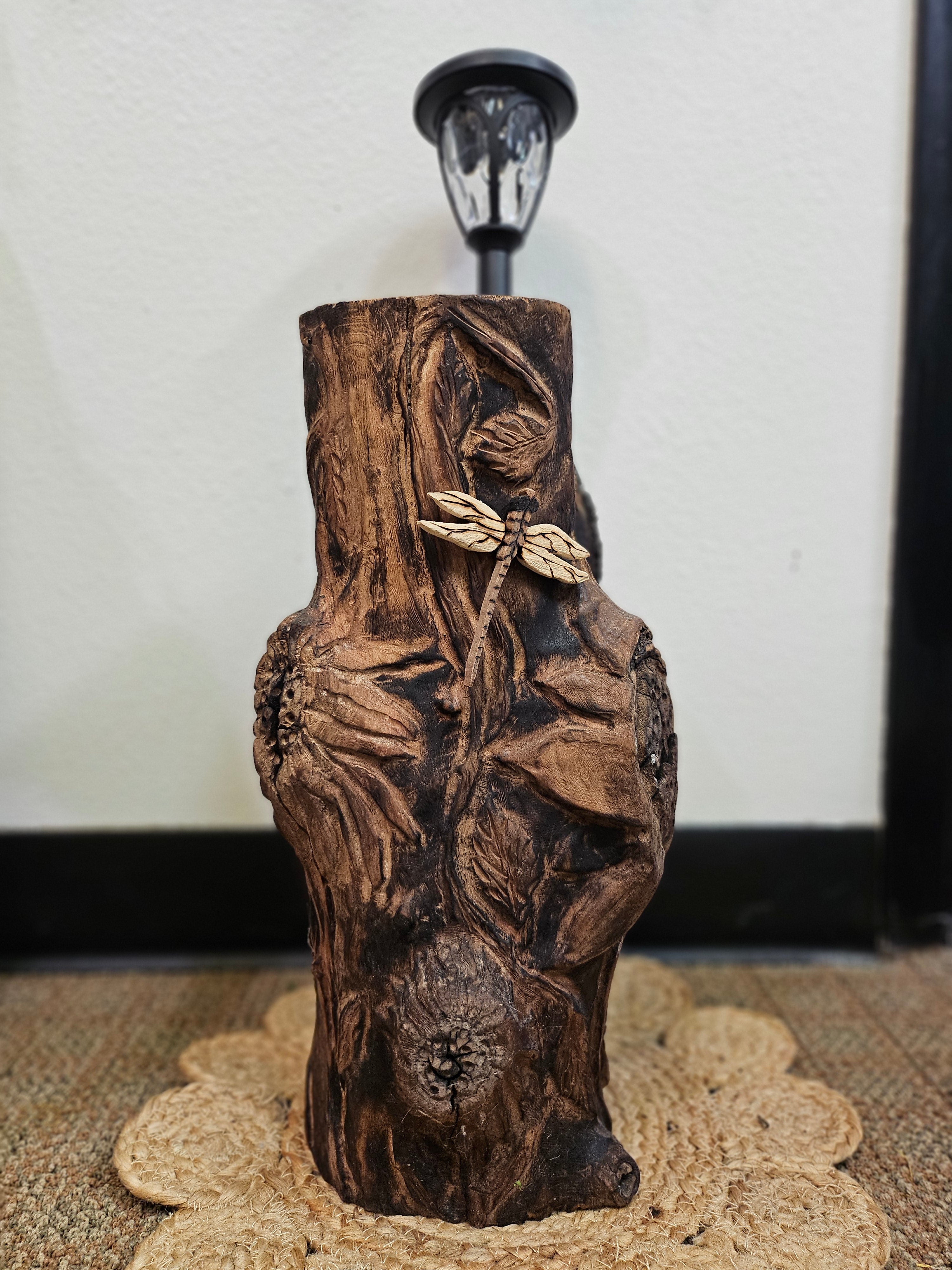 Wood Spirit: Hand-Carved Dragonfly Outdoor Planter and Solar Light Wood Spirit in Solid Walnut (30&quot; x 10&quot;)