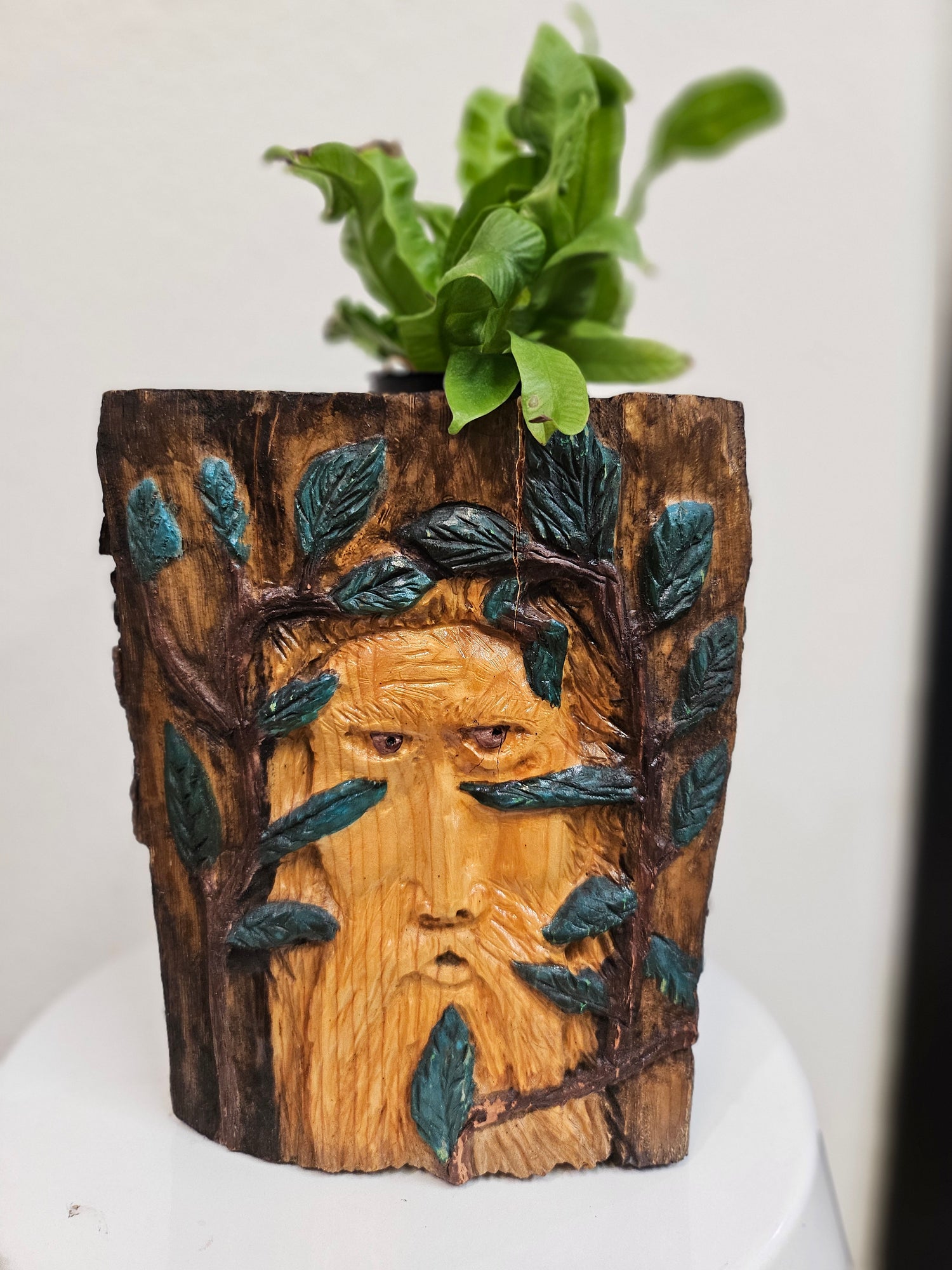 Wood Spirit: Hand-Carved &amp; Painted Wood Spirit Planter in Solid Walnut (8&quot; x 6&quot;)