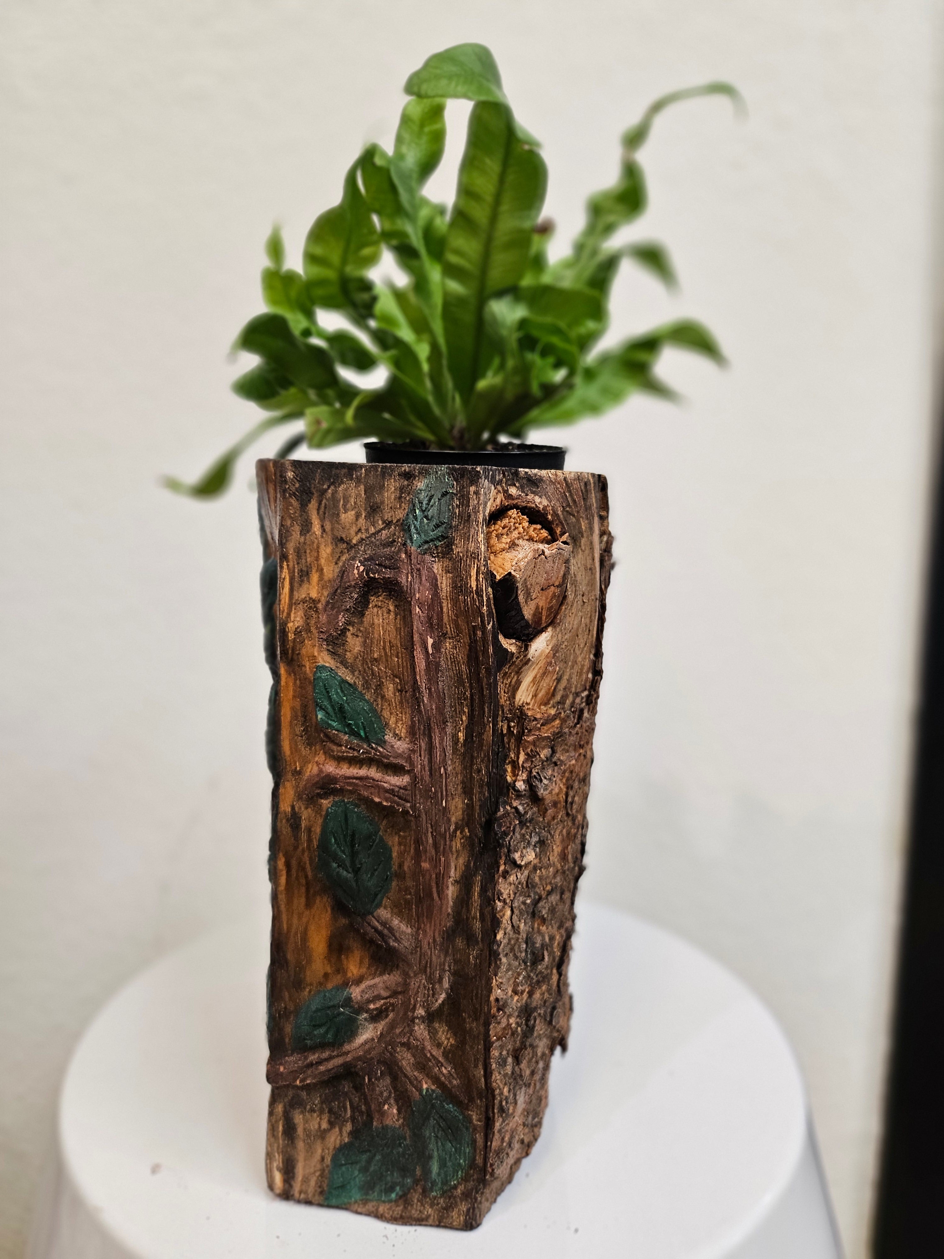 Wood Spirit: Hand-Carved &amp; Painted Wood Spirit Planter in Solid Walnut (8&quot; x 6&quot;)