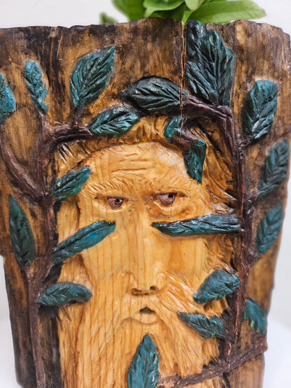 Wood Spirit: Hand-Carved &amp; Painted Wood Spirit Planter in Solid Walnut (8&quot; x 6&quot;)