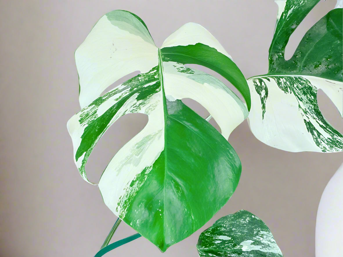 The Monstera Deliciosa Thai Constellation is a rare, highly coveted plant known for its stunning white and cream variegated leaves. Thriving in medium to bright indirect light, this easy-care beauty adds elegance to any space. Each unique leaf has heart-shaped patterns, and brighter light boosts variegation.