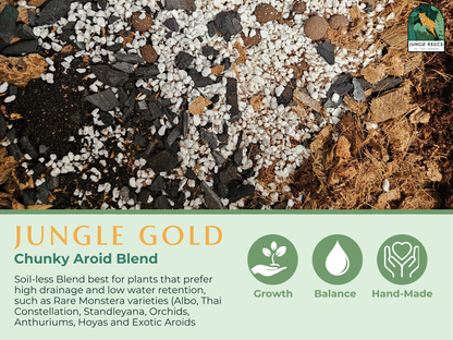 Jungle Gold Chunky Aroid Soil-less Blend is a handcrafted, peat-free blend, perfect for aroids, tropicals, orchids, and rare plants. Moisture-retentive yet well-draining, it mimics natural habitats for healthy roots and vibrant growth. Ideal for Monstera, Anthuriums, and more. Hand-mixed fresh in our Idaho plant shop.