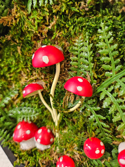 is a charming collection of four 5&quot; x 5&quot; mixed-media art pieces featuring mushrooms, gemstones, and blossoms. Blending preserved natural textures with handcrafted details, this series celebrates forest magic. Perfect for woodland-inspired décor or cozy spaces.