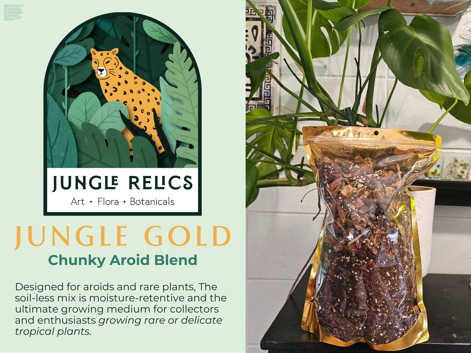 Jungle Gold Chunky Aroid Soil-less Blend is a handcrafted, peat-free blend, perfect for aroids, tropicals, orchids, and rare plants. Moisture-retentive yet well-draining, it mimics natural habitats for healthy roots and vibrant growth. Ideal for Monstera, Anthuriums, and more. Hand-mixed fresh in our Idaho plant shop.