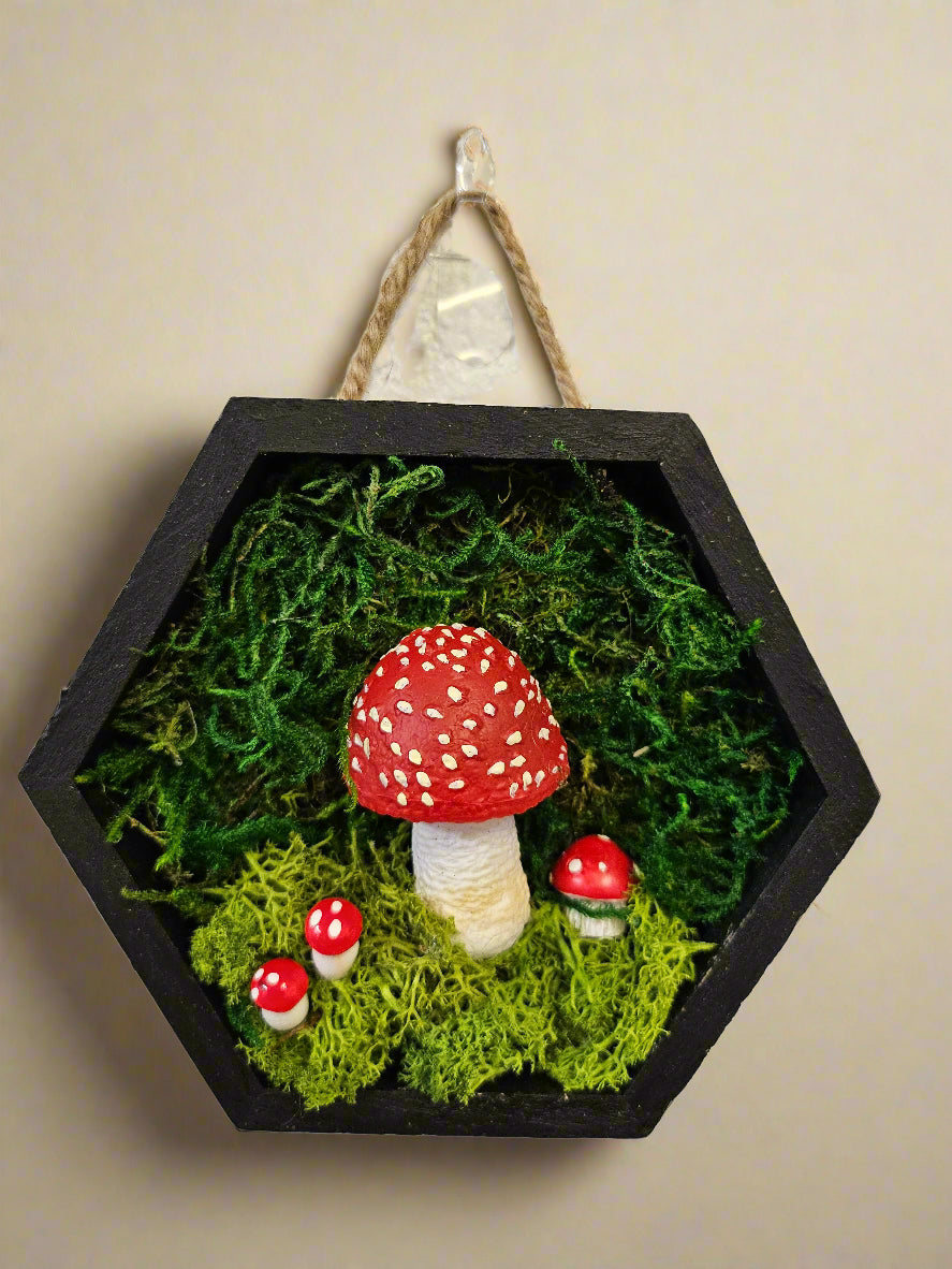 is a charming collection of four 5&quot; x 5&quot; mixed-media art pieces featuring mushrooms, gemstones, and blossoms. Blending preserved natural textures with handcrafted details, this series celebrates forest magic. Perfect for woodland-inspired décor or cozy spaces.