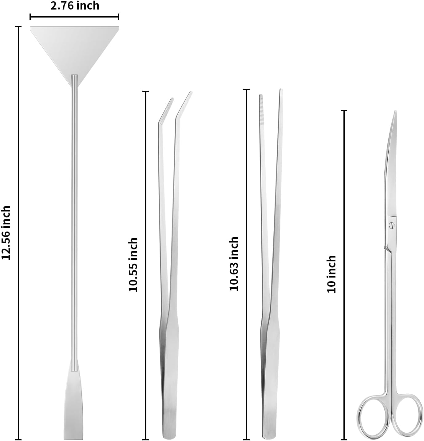 Enhance your terrarium or plant scaping with our 4-in-1 Terrarium Tools Kit, designed for precision and ease. Perfect for trimming delicate plants, arranging moss, or shaping landscapes. This versatile set includes a 10.5&quot; curved scissor, 10&quot; straight and curved tweezers, and a 12.5&quot; sand spatula.