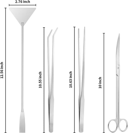 Enhance your terrarium or plant scaping with our 4-in-1 Terrarium Tools Kit, designed for precision and ease. Perfect for trimming delicate plants, arranging moss, or shaping landscapes. This versatile set includes a 10.5&quot; curved scissor, 10&quot; straight and curved tweezers, and a 12.5&quot; sand spatula.