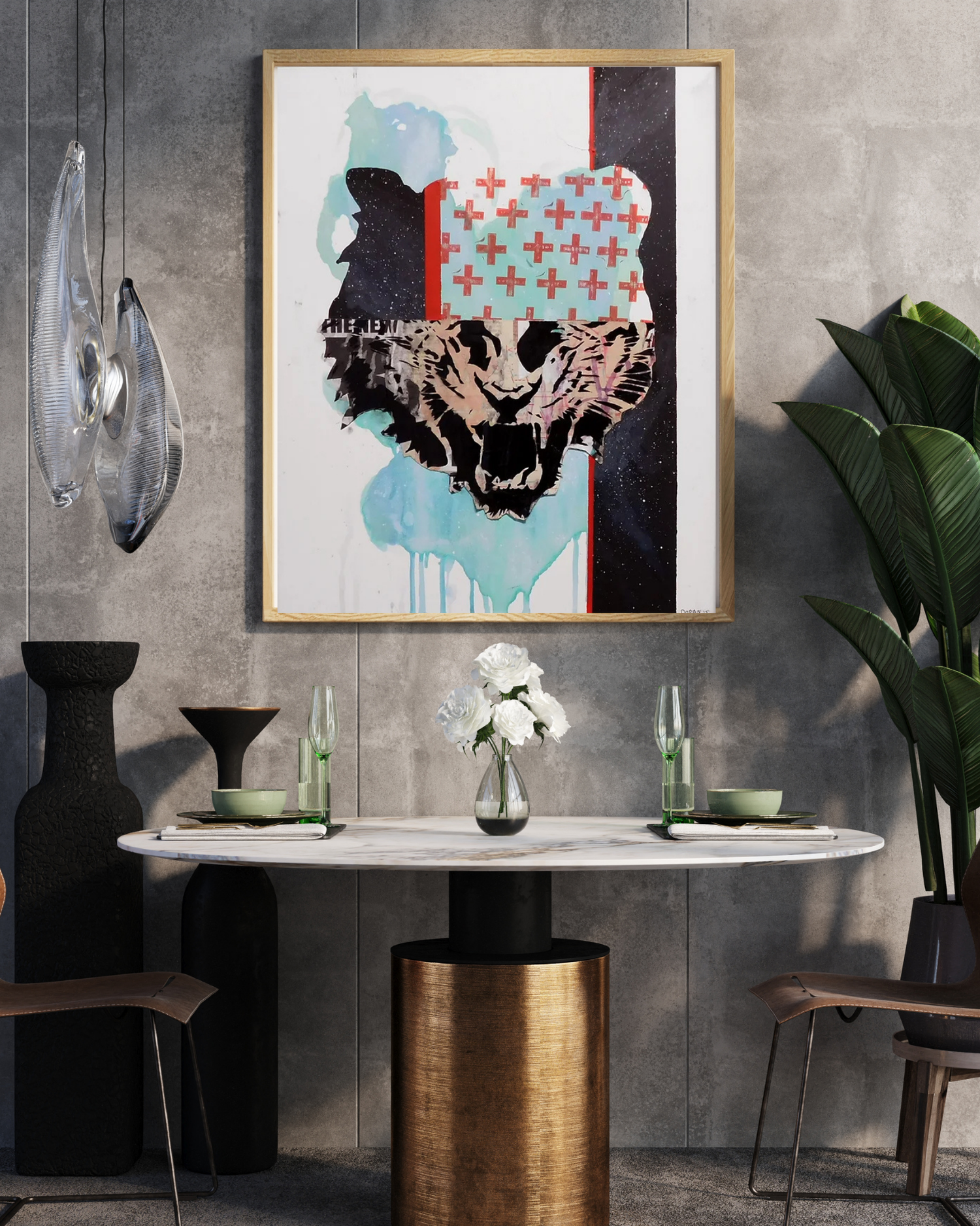 Tiger Star (11&quot;x14&quot;, $30) is a bold art print featuring a roaring tiger against a textured backdrop of urban patterns and graffiti. The vibrant colors and fierce energy make it perfect for modern spaces. Pair with a Golden Pothos for a natural contrast that complements the wild, dynamic vibe.